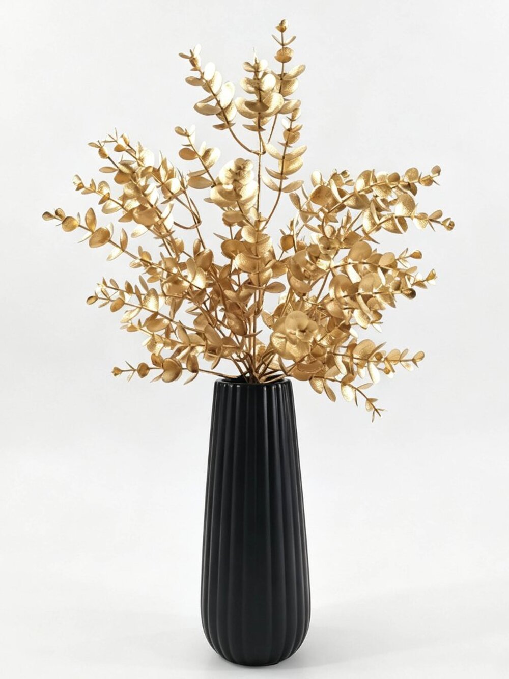 Black Fluted Ribbed Cement Vase with Gold Florals.